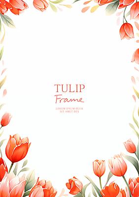 PSD 잎 일러스트 수채화 사람없음 빨간색 튤립 꽃프레임 카피스페이스 국내일러스트 식물 꽃 컬러 프레임 공백 파일형식