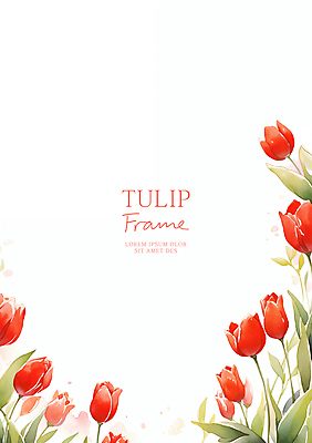 PSD 잎 일러스트 수채화 사람없음 빨간색 튤립 꽃프레임 카피스페이스 국내일러스트 식물 꽃 컬러 프레임 공백 파일형식