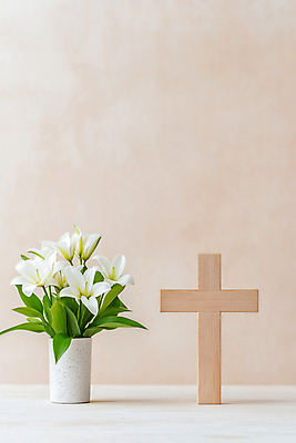 JPG 편집이미지 기독교 화분 잎 사람없음 천주교 백합 나무십자가 베이지색 편집실사 AI포토 AI콘텐츠 식물 꽃 종교 컬러 십자가 CG 파일형식