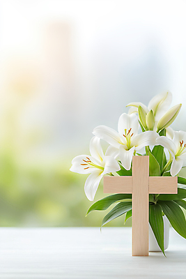 JPG 편집이미지 기독교 화분 잎 사람없음 천주교 흰색 백합 나무십자가 편집실사 AI포토 AI콘텐츠 식물 꽃 종교 컬러 십자가 CG 파일형식