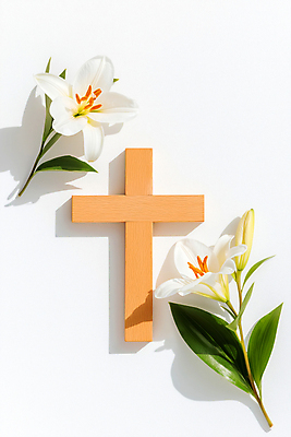 JPG 편집이미지 기독교 잎 그림자 사람없음 천주교 흰색 백합 나무십자가 편집실사 AI포토 AI콘텐츠 식물 꽃 종교 컬러 십자가 CG 파일형식