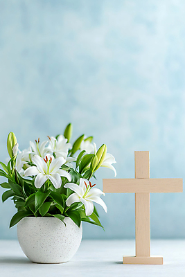 JPG 편집이미지 기독교 화분 하늘색 잎 사람없음 천주교 백합 나무십자가 편집실사 AI포토 AI콘텐츠 식물 꽃 종교 십자가 파란색 CG 파일형식