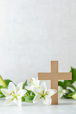 JPG 편집이미지 기독교 잎 사람없음 천주교 흰색 백합 나무십자가 편집실사 AI포토 AI콘텐츠 식물 꽃 종교 컬러 십자가 CG 파일형식