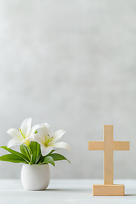 JPG 편집이미지 기독교 화분 잎 사람없음 회색 천주교 백합 나무십자가 편집실사 AI포토 AI콘텐츠 식물 꽃 종교 컬러 십자가 CG 파일형식