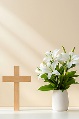 JPG 편집이미지 기독교 잎 그림자 사람없음 빛 천주교 백합 나무십자가 베이지색 편집실사 AI포토 AI콘텐츠 식물 꽃 종교 컬러 십자가 CG 파일형식