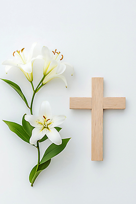 JPG 편집이미지 기독교 잎 사람없음 천주교 흰색 백합 나무십자가 편집실사 AI포토 AI콘텐츠 식물 꽃 종교 컬러 십자가 CG 파일형식