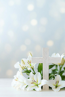 JPG 편집이미지 기독교 잎 사람없음 천주교 흰색 백합 보케 나무십자가 편집실사 AI포토 AI콘텐츠 식물 꽃 종교 컬러 십자가 CG 파일형식