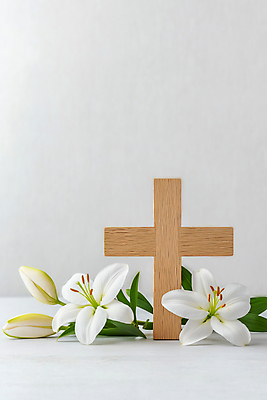 JPG 편집이미지 기독교 잎 사람없음 천주교 흰색 백합 나무십자가 편집실사 AI포토 AI콘텐츠 식물 꽃 종교 컬러 십자가 CG 파일형식