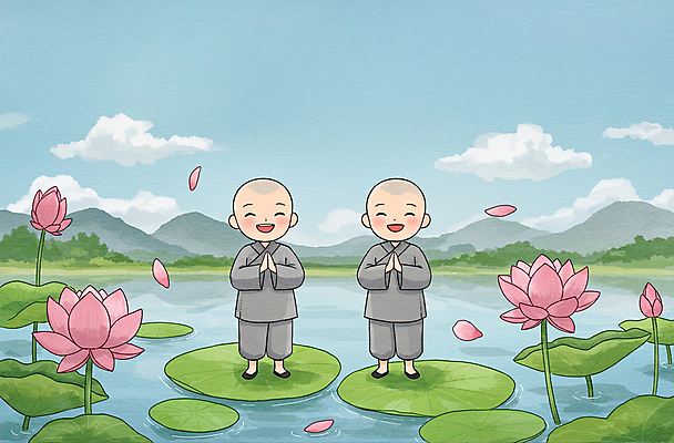 JPG 전신 구름 남자 꽃잎 호수 어린이 불교 일러스트 하늘 산 연꽃 미소 소년 두명 부처님오신날 수면 연잎 동자승 승복 합장 소년만 국내일러스트 AI일러스트 AI콘텐츠 자연요소 기념일 꽃 종교 잎 표정 사람 손짓 물 승려 남자만 어린이만 파일형식