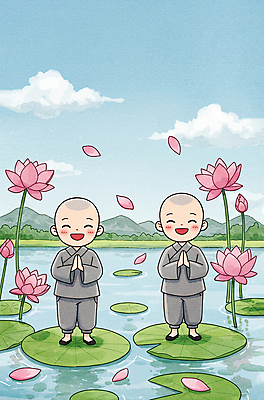 JPG 전신 구름 남자 꽃잎 호수 어린이 불교 일러스트 하늘 산 연꽃 미소 소년 두명 부처님오신날 수면 연잎 동자승 승복 합장 소년만 국내일러스트 AI일러스트 AI콘텐츠 자연요소 기념일 꽃 종교 잎 표정 사람 손짓 물 승려 남자만 어린이만 파일형식