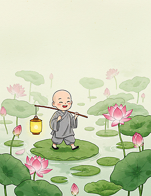 JPG 전신 남자 어린이 불교 일러스트 연꽃 한명 미소 들기 소년 걷기 부처님오신날 등불 수면 연잎 동자승 승복 소년한명만 국내일러스트 AI일러스트 AI콘텐츠 1 기념일 꽃 종교 잎 모션 조명 표정 사람 물 승려 남자한명만 소년만 파일형식