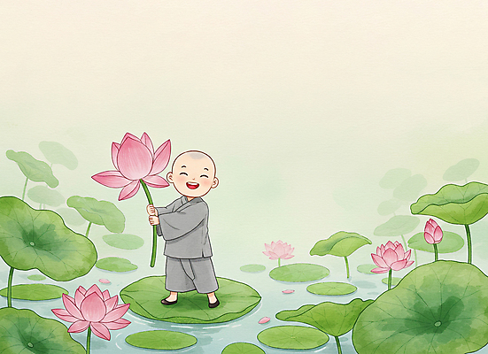 JPG 전신 남자 어린이 불교 일러스트 연꽃 한명 미소 들기 소년 부처님오신날 수면 연잎 동자승 승복 소년한명만 국내일러스트 AI일러스트 AI콘텐츠 1 기념일 꽃 종교 잎 모션 표정 사람 물 승려 남자한명만 소년만 파일형식