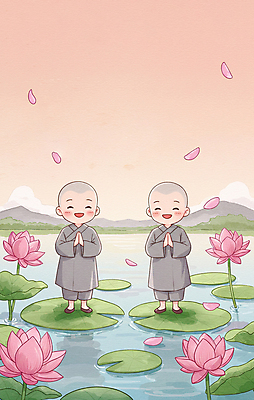 JPG 전신 구름 남자 꽃잎 호수 어린이 불교 일러스트 하늘 산 연꽃 미소 소년 두명 노을 부처님오신날 수면 연잎 동자승 승복 합장 소년만 국내일러스트 AI일러스트 AI콘텐츠 자연요소 기념일 꽃 종교 잎 표정 사람 손짓 물 승려 남자만 어린이만 파일형식