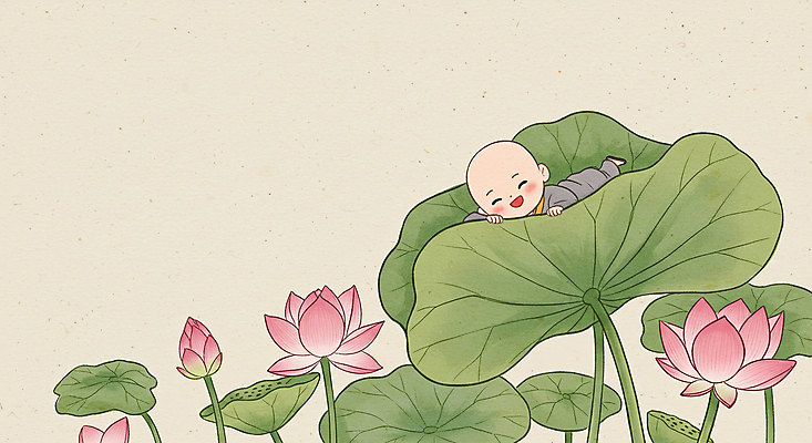 JPG 남자 어린이 엎드리기 불교 일러스트 연꽃 한명 미소 소년 부처님오신날 연잎 동자승 승복 소년한명만 국내일러스트 AI일러스트 AI콘텐츠 1 기념일 꽃 종교 잎 모션 표정 사람 승려 남자한명만 소년만 파일형식