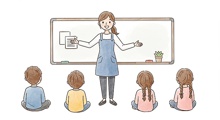 JPG 전신 학생 여자 남자 화분 어린이 일러스트 수업 미소 소녀 소년 여러명 성인 손들기 교사 앞치마 화이트보드 가부좌 국내일러스트 AI일러스트 AI콘텐츠 직업 교육 다수 모션 표정 사람 앉기 파일형식