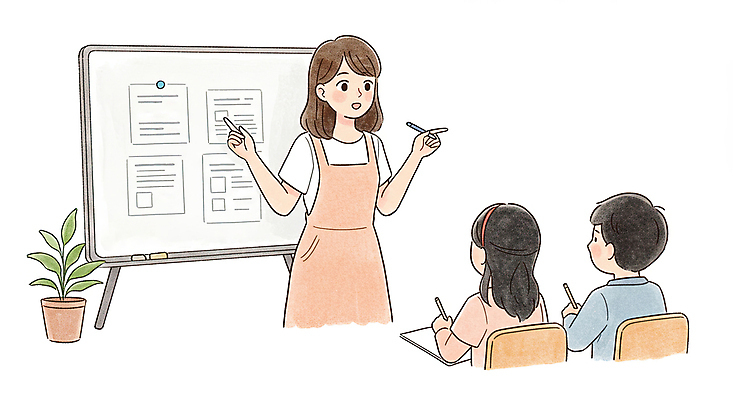 JPG 식물 학생 여자 남자 화분 어린이 일러스트 수업 들기 소녀 소년 상반신 성인 세명 연필 손들기 교사 앞치마 가리킴 교과서 화이트보드 국내일러스트 AI일러스트 AI콘텐츠 직업 교육 모션 학용품 교재 사람 손짓 필기구 파일형식