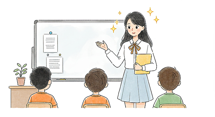 JPG 학생 여자 남자 화분 어린이 의자 일러스트 수업 미소 들기 앉기 소년 여러명 상반신 성인 책 반짝임 손들기 교사 화이트보드 교탁 국내일러스트 AI일러스트 AI콘텐츠 직업 교육 가구 다수 모션 표정 사람 파일형식