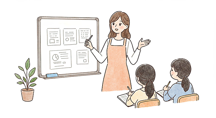 JPG 학생 여자 화분 어린이 일러스트 수업 미소 들기 소녀 상반신 성인 세명 펜 손들기 교사 교과서 화이트보드 여자만 국내일러스트 AI일러스트 AI콘텐츠 직업 교육 모션 교재 표정 사람 필기구 파일형식