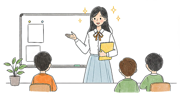 JPG 학생 여자 남자 화분 어린이 의자 일러스트 수업 미소 들기 소년 여러명 상반신 성인 책 반짝임 손들기 교사 화이트보드 국내일러스트 AI일러스트 AI콘텐츠 직업 교육 가구 다수 모션 표정 사람 파일형식