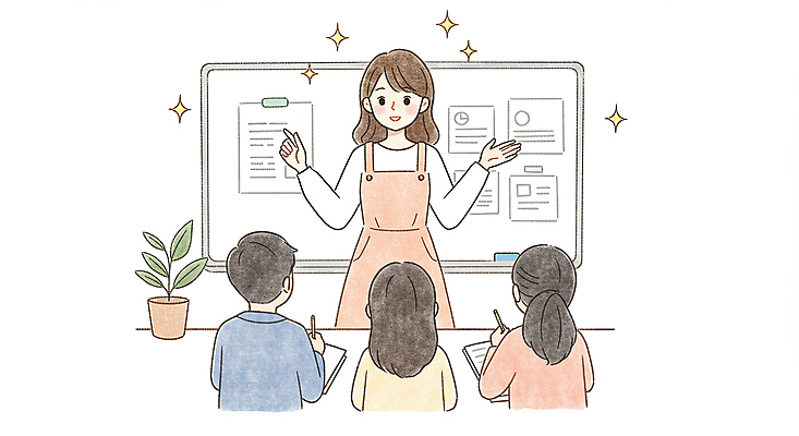 JPG 학생 여자 남자 화분 어린이 일러스트 수업 미소 들기 소녀 소년 여러명 상반신 성인 반짝임 연필 손들기 교사 앞치마 가리킴 교과서 화이트보드 국내일러스트 AI일러스트 AI콘텐츠 직업 교육 다수 모션 학용품 교재 표정 사람 손짓 필기구 파일형식