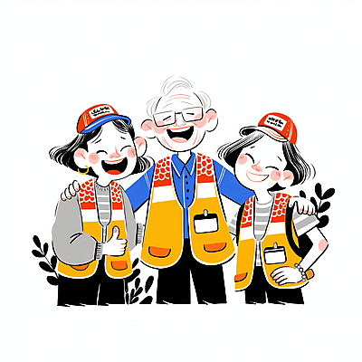 JPG 모자 여자 노년 남자 행복 허리손 일러스트 협력 웃음 성인 세명 조끼 풀 자원봉사자 따봉 안경낌 어깨에손 국내일러스트 AI일러스트 AI콘텐츠 식물 잡화 감정 안경 포즈 모션 표정 사람 외투 최고 파일형식