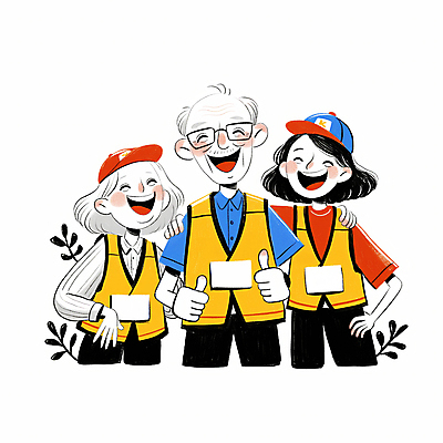 JPG 모자 여자 노년 남자 행복 허리손 일러스트 어깨동무 협력 웃음 성인 세명 조끼 풀 자원봉사자 따봉 안경낌 국내일러스트 AI일러스트 AI콘텐츠 식물 잡화 감정 안경 포즈 표정 사람 외투 최고 파일형식