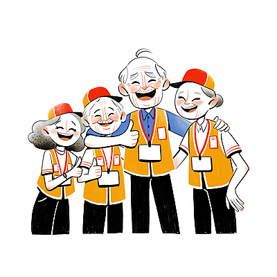 JPG 모자 여자 노년 남자 행복 일러스트 협력 웃음 여러명 조끼 자원봉사자 따봉 노인만 어깨에손 국내일러스트 AI일러스트 AI콘텐츠 잡화 감정 다수 모션 표정 사람 성인 외투 최고 성인만 파일형식