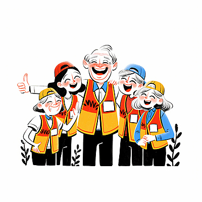 JPG 모자 여자 노년 남자 행복 일러스트 협력 웃음 여러명 성인 손들기 조끼 풀 자원봉사자 따봉 어깨에손 국내일러스트 AI일러스트 AI콘텐츠 식물 잡화 감정 다수 모션 표정 사람 외투 최고 파일형식