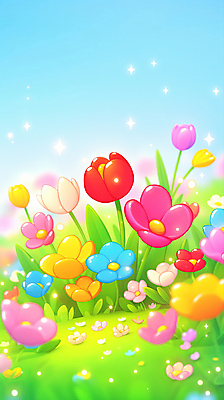 JPG 편집이미지 꽃밭 봄꽃 하늘 사람없음 반짝임 컬러풀 봄풍경 풀잎 편집실사 AI컴퓨터그래픽 AI콘텐츠 꽃 컬러 잎 모션 풍경 봄 풀_식물 CG 파일형식