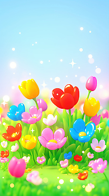 JPG 편집이미지 꽃밭 봄꽃 하늘 사람없음 반짝임 컬러풀 봄풍경 풀잎 편집실사 AI컴퓨터그래픽 AI콘텐츠 꽃 컬러 잎 모션 풍경 봄 풀_식물 CG 파일형식