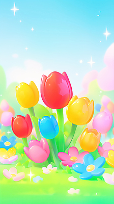 JPG 편집이미지 꽃밭 봄꽃 하늘 사람없음 반짝임 컬러풀 봄풍경 풀잎 편집실사 AI컴퓨터그래픽 AI콘텐츠 꽃 컬러 잎 모션 풍경 봄 풀_식물 CG 파일형식