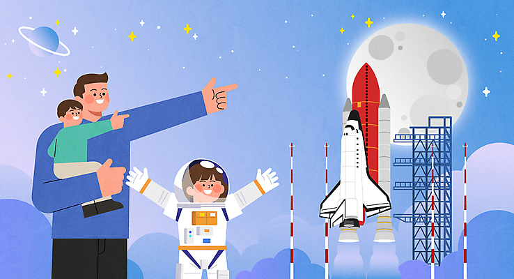 구름 여자 남자 어린이 일러스트 가족 밤하늘 소녀 소년 성인 세명 파란색 만세 행성 로켓 우주비행사 달 가리킴 우주복 발사대 국내일러스트 우주항공의날 AI파일 자연요소 옷 기념일 컬러 관계 모션 하늘 사람 손짓 우주 야간 우주선 파일형식 벡터