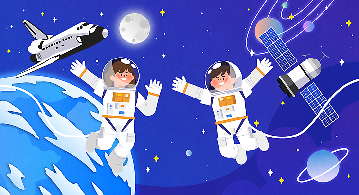 전신 여자 남자 지구 일러스트 성인 두명 파란색 손들기 만세 행성 인공위성 로켓 우주비행사 달 우주선 우주복 무중력 성인만 국내일러스트 우주항공의날 AI파일 자연요소 옷 기념일 컬러 통신 모션 사람 우주 파일형식 벡터