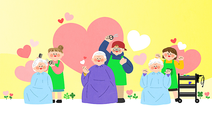 전신 여자 노년 남자 일러스트 앉기 여러명 성인 노란색 손들기 앞치마 카트 하트 미용사 이발 손인사 요양원 나눔 손하트 미용가위 캡모자 재능기부 커트보 국내일러스트 AI파일 모양 직업 모자_잡화 컬러 다수 모션 가위_도구 사람 손짓 인사 미용용품 봉사 파일형식 벡터