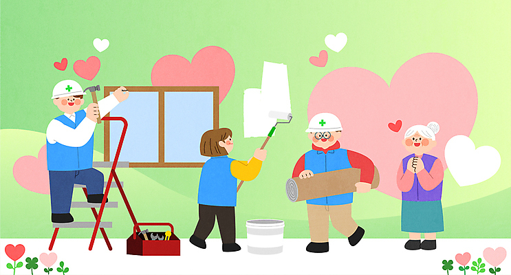 전신 여자 노년 남자 일러스트 사다리 공사 들기 여러명 성인 연두색 하트 페인트칠 수리 망치 안전모 공구함 감동 손모으기 나눔 페인트롤러 망치질 못질 자원봉사조끼 재능기부 국내일러스트 AI파일 모양 감정 다수 모션 페인팅 건설업 사람 손짓 초록색 도구 공구 조끼 봉사 헬멧 안전장비 파일형식 벡터