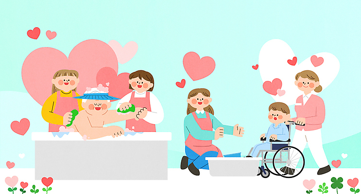 전신 여자 노년 남자 어린이 하늘색 일러스트 소년 여러명 상반신 성인 하트 봉사 무릎꿇기 장애인 휠체어 대야 나눔 비누거품 요양보호사 때밀기 때밀이 씻겨주기 국내일러스트 AI파일 모양 직업 다수 모션 사람 파란색 목욕 거품 도움 장애 파일형식 벡터