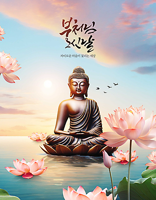 PSD 구름 편집이미지 바다 하늘 연꽃 사람없음 노을 부처님오신날 연못 수면 불상 연잎 가부좌 수평선 이미지편집 자연요소 기념일 꽃 잎 불교 앉기 물 파일형식