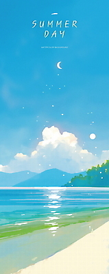 PSD 구름 하늘색 일러스트 자연 하늘 해변 사람없음 햇빛 평화 여름풍경 달 윤슬 청량 국내일러스트 자연요소 물결 바다 컨셉 풍경 파란색 태양 생태계 파일형식 여름_계절