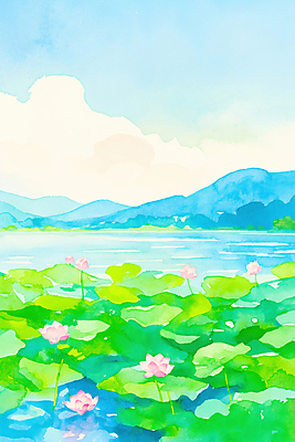 JPG 구름 호수 불교 일러스트 하늘 산 연꽃 풍경 사람없음 부처님오신날 수면 연잎 화창 국내일러스트 AI일러스트 AI콘텐츠 자연요소 기념일 꽃 종교 잎 날씨 물 파일형식