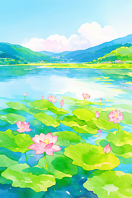 JPG 구름 호수 불교 일러스트 하늘 산 연꽃 풍경 사람없음 부처님오신날 수면 연잎 화창 국내일러스트 AI일러스트 AI콘텐츠 자연요소 기념일 꽃 종교 잎 날씨 물 파일형식