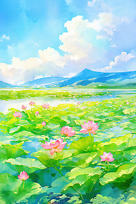 JPG 구름 호수 불교 일러스트 하늘 산 연꽃 풍경 사람없음 햇빛 부처님오신날 수면 연잎 화창 국내일러스트 AI일러스트 AI콘텐츠 자연요소 기념일 꽃 종교 잎 날씨 물 태양 파일형식