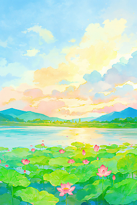 JPG 구름 호수 불교 일러스트 하늘 산 연꽃 풍경 사람없음 햇빛 노을 부처님오신날 수면 연잎 국내일러스트 AI일러스트 AI콘텐츠 자연요소 기념일 꽃 종교 잎 물 태양 파일형식