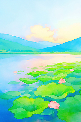 JPG 구름 호수 불교 일러스트 하늘 산 연꽃 풍경 사람없음 노을 부처님오신날 수면 연잎 국내일러스트 AI일러스트 AI콘텐츠 자연요소 기념일 꽃 종교 잎 물 파일형식