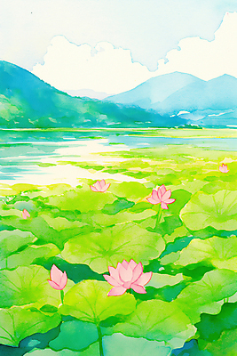 JPG 구름 호수 불교 일러스트 하늘 산 연꽃 풍경 사람없음 부처님오신날 수면 연잎 화창 국내일러스트 AI일러스트 AI콘텐츠 자연요소 기념일 꽃 종교 잎 날씨 물 파일형식