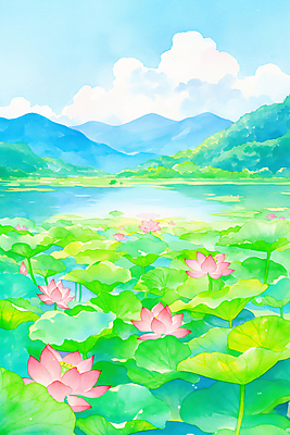 JPG 구름 호수 불교 일러스트 하늘 산 연꽃 풍경 사람없음 부처님오신날 연잎 화창 국내일러스트 AI일러스트 AI콘텐츠 자연요소 기념일 꽃 종교 잎 날씨 파일형식