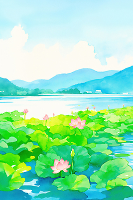 JPG 구름 호수 불교 일러스트 하늘 산 연꽃 풍경 사람없음 부처님오신날 수면 연잎 화창 국내일러스트 AI일러스트 AI콘텐츠 자연요소 기념일 꽃 종교 잎 날씨 물 파일형식