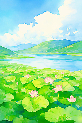JPG 구름 호수 불교 일러스트 하늘 산 연꽃 풍경 사람없음 부처님오신날 연잎 화창 국내일러스트 AI일러스트 AI콘텐츠 자연요소 기념일 꽃 종교 잎 날씨 파일형식