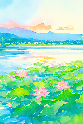 JPG 구름 호수 불교 일러스트 하늘 산 연꽃 풍경 사람없음 노을 부처님오신날 수면 연잎 국내일러스트 AI일러스트 AI콘텐츠 자연요소 기념일 꽃 종교 잎 물 파일형식