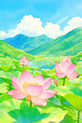 JPG 구름 호수 불교 일러스트 하늘 산 연꽃 풍경 사람없음 초록색 부처님오신날 연잎 화창 국내일러스트 AI일러스트 AI콘텐츠 자연요소 기념일 꽃 종교 컬러 잎 날씨 파일형식