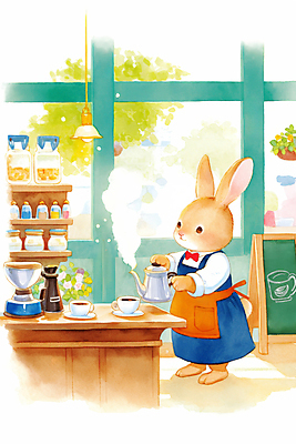 JPG 동물 리본 일러스트 창문 주전자 동화 조명 수채화 따뜻함 들기 사람없음 햇빛 갈색 귀여움 앞치마 카페 붓기 커피잔 책상 토끼캐릭터 진열장 바리스타 입간판 핸드드립 국내일러스트 AI일러스트 AI콘텐츠 직업 커피 컬러 동물캐릭터 가구 컨셉 모션 주방용품 잔 간판 태양 상점 토끼 커피용품 파일형식